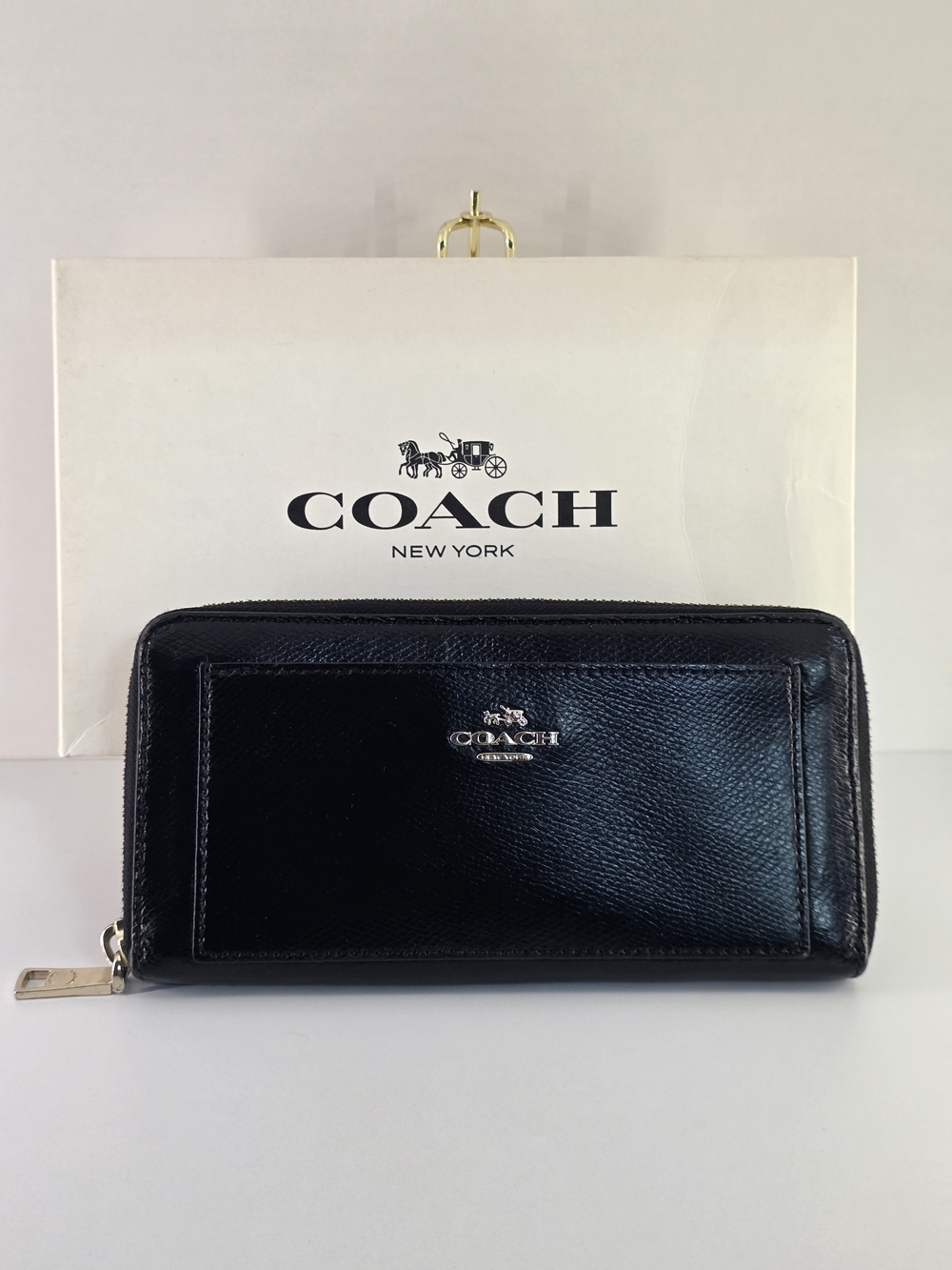 COACH Black Leather Zip-Around Wallet W/ Gold Hardware